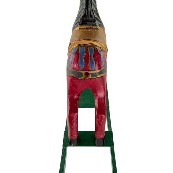 Vintage Hand Carved Wooden Rocking Horse Folk Art Red Gold Green Decor - Picture 6 of 12